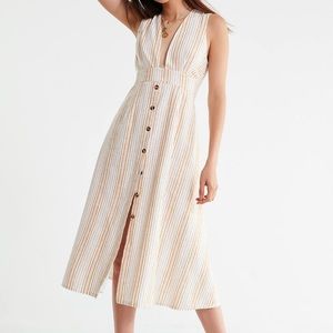 Urban Outfitters Yellow Stripe Button Summer Plunging Linen MIDI Dress size 6
